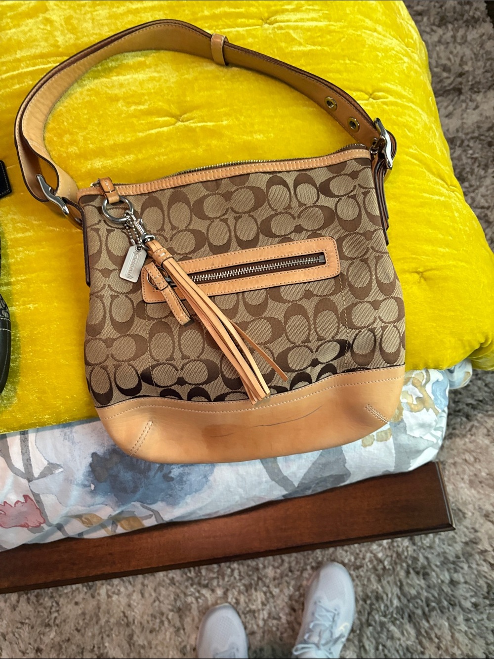 Coach Signature Canvas Shoulder Bag in Brown and Tan Leather